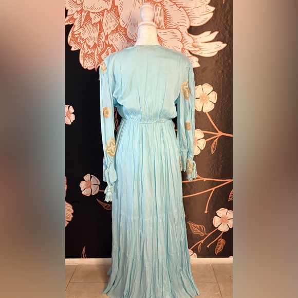 Papa Pia Sky Blue Long-Sleeve Embroidered Maxi Dress with Tassel Tie - Picture 5 of 7